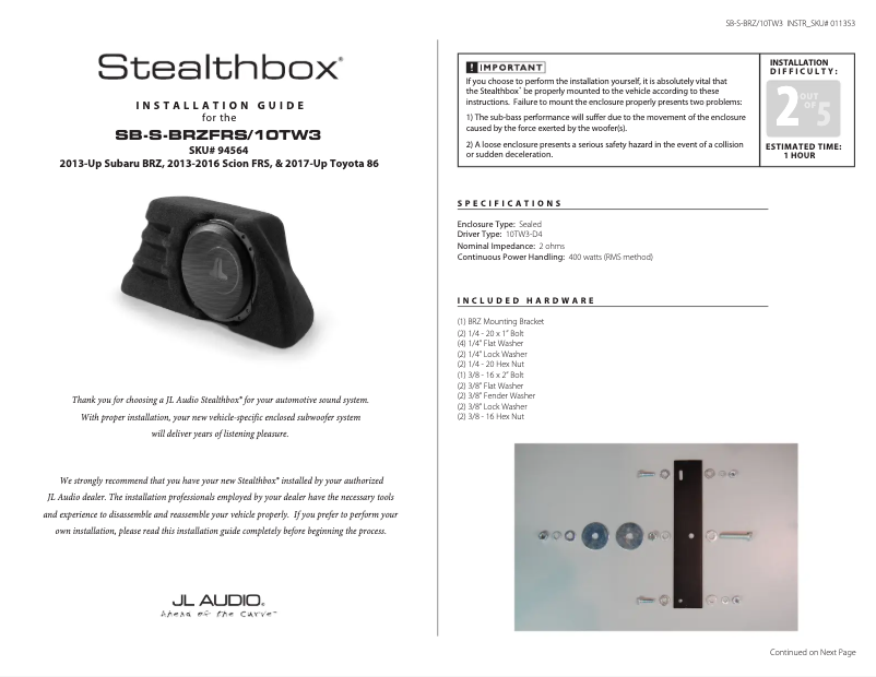 Image de la première page du manuel de l'appareil Stealthbox SB-S-BRZFRS/10TW3