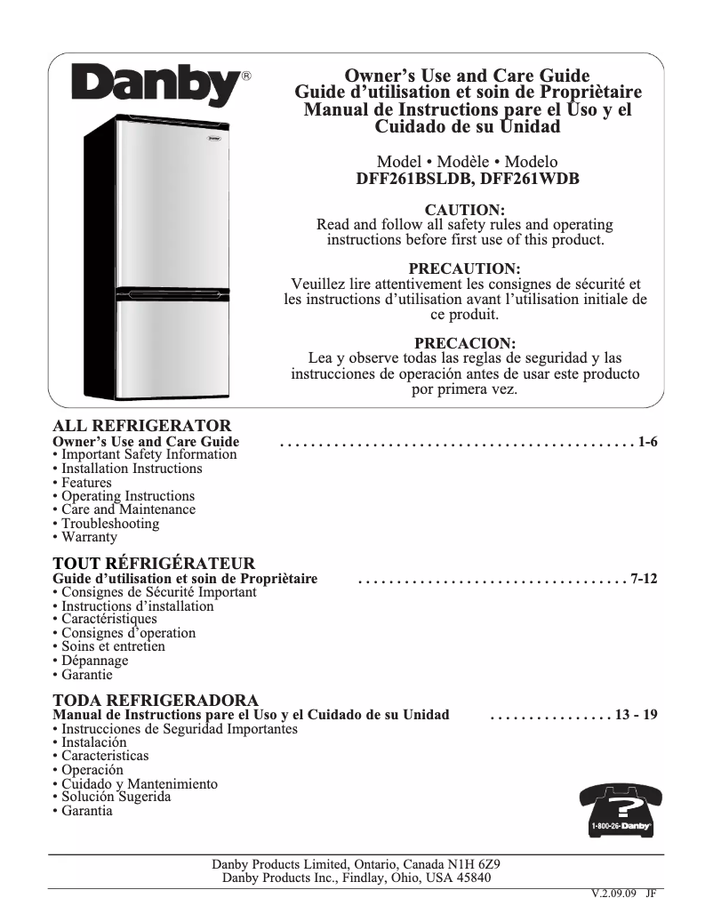 Page n°1 - Manuel utilisateur Danby DFF261BSLDB