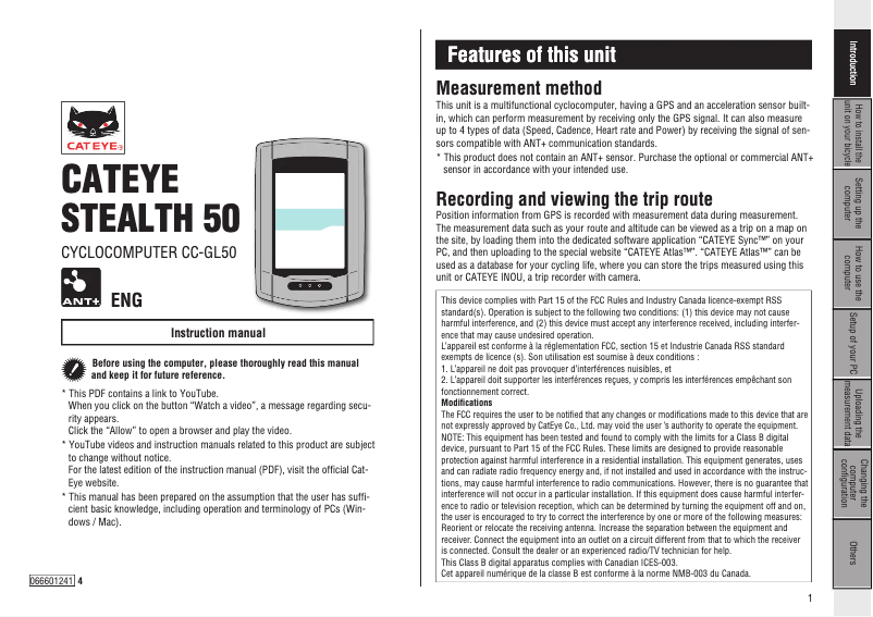 Page 1 de la notice Manuel utilisateur Cateye Stealth 50 CC-GL50
