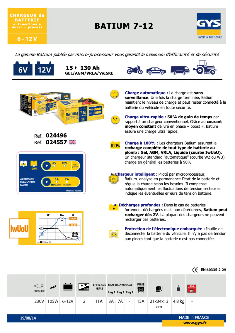 Page 1 de la notice Fiche technique GYS Batium 7.12