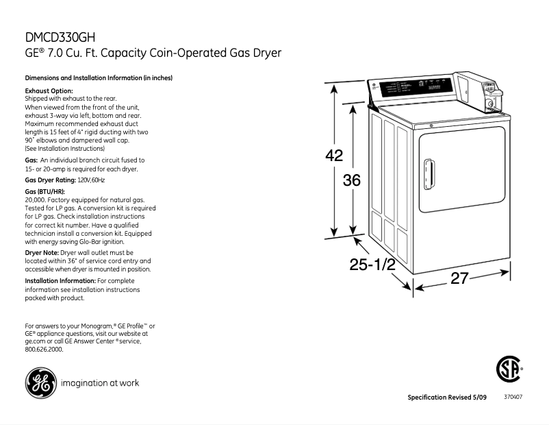 Page 1 of the manual Technical Sheet GE DMCD330GHWC