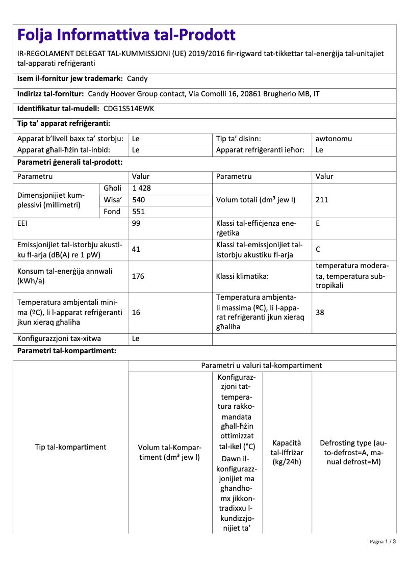 Page n°1 - Fiche technique Candy CDG1S514EWK