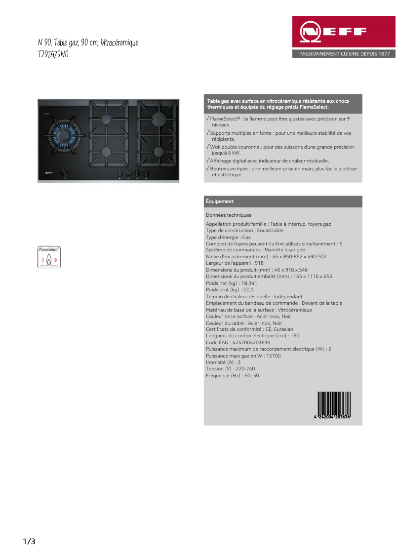 Page 1 de la notice Fiche technique Neff T29TA79N0