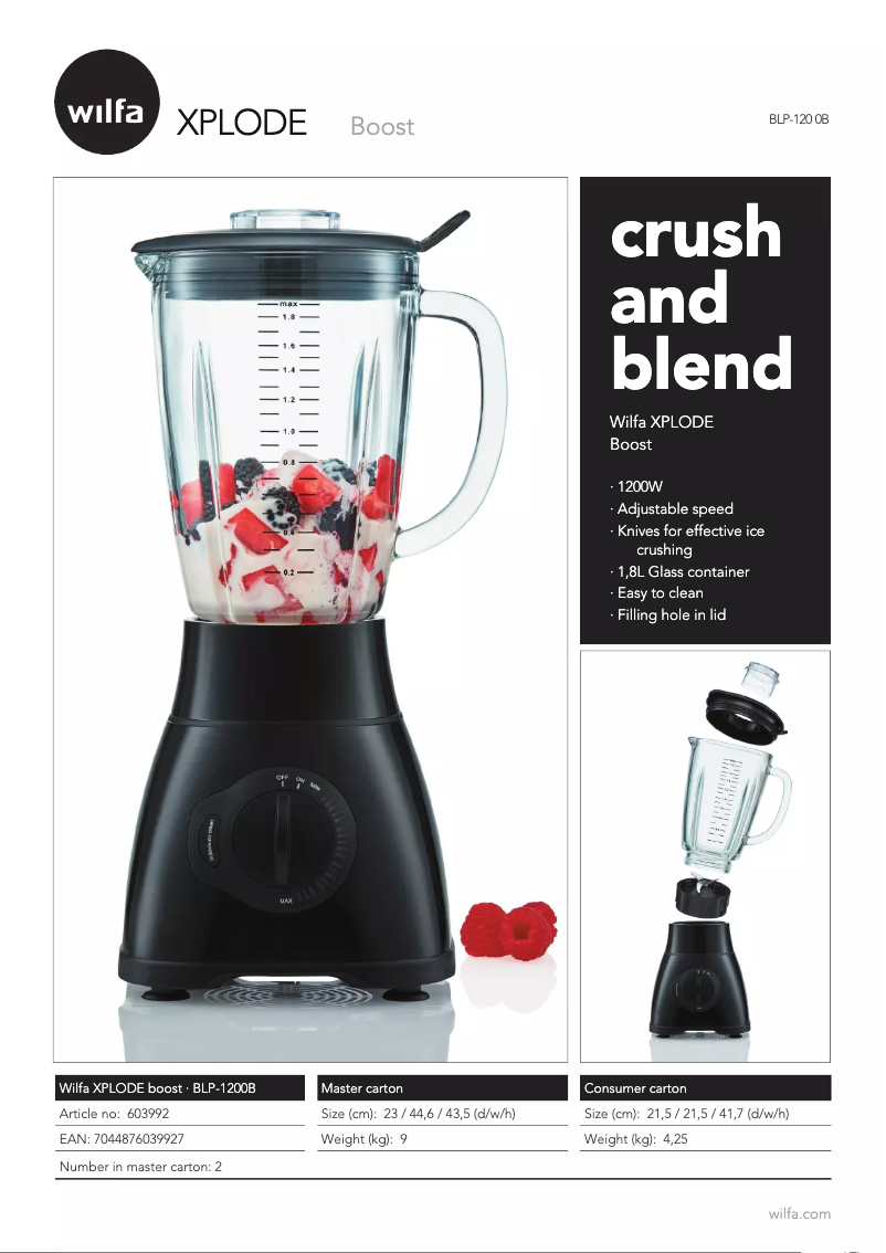 Page 1 de la notice Fiche technique Wilfa Xplode BLP-1200B