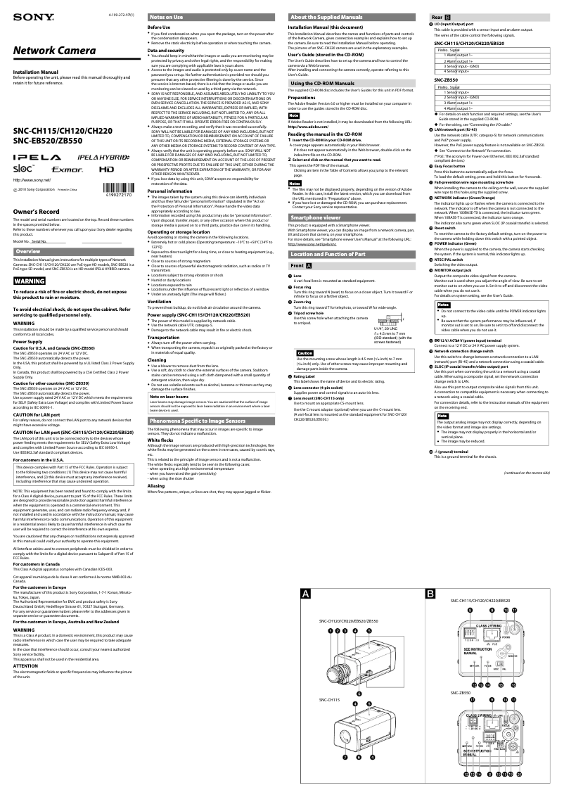 Page 1 de la notice Manuel utilisateur Sony SNC-CH115