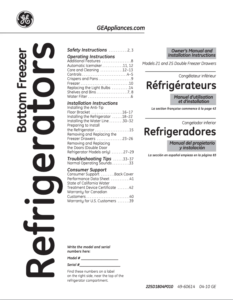Page n°1 - Manuel utilisateur GE PGCS1PJZSS