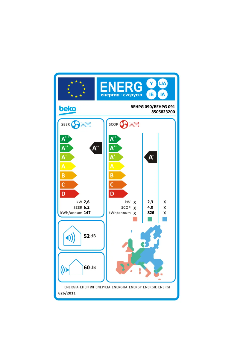 Page 1 de la notice Label énergétique Beko BEHPG 090/ BEHPG 091