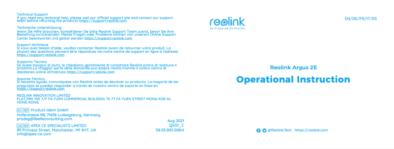 Page n°1 - Manuel utilisateur Reolink Argus 2E