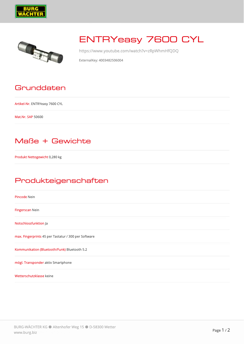 Página 1 del manual Ficha técnica Burg Wächter ENTRYeasy 7600 CYL