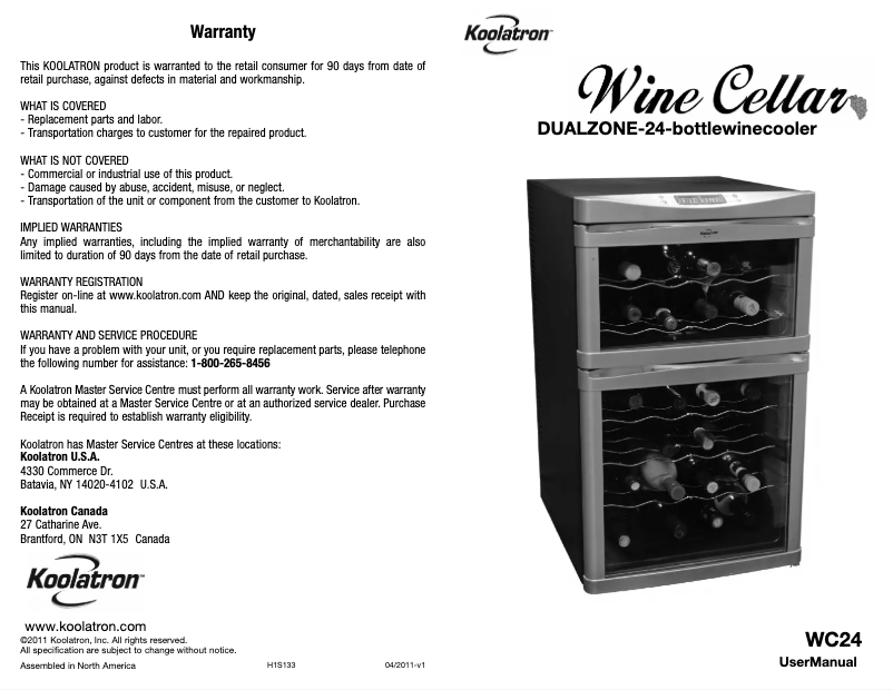 Page n°1 - Manuel utilisateur Koolatron WC24