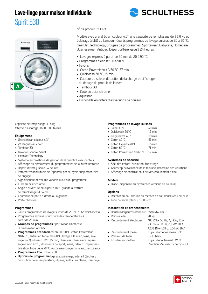 Page 1 de la notice Fiche technique Schulthess Spirit 530