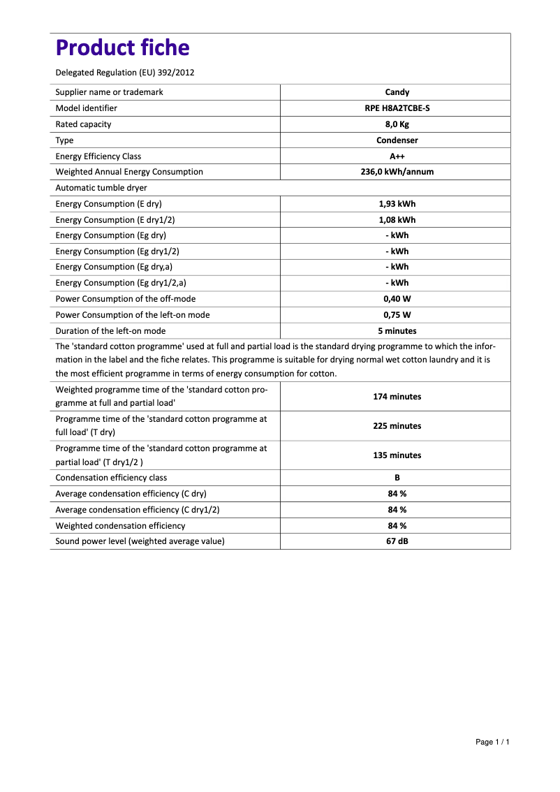 Page n°1 - Fiche technique Candy RPE H8A2TCBE-S