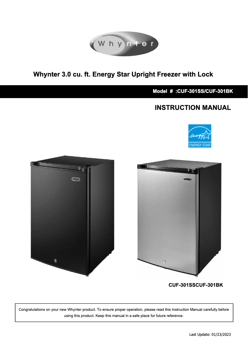 Page 1 de la notice Manuel utilisateur Whynter CUF-301BK