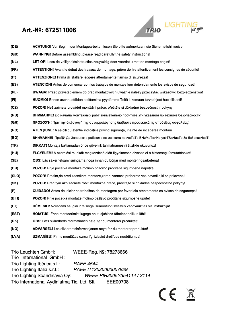 Page 1 de la notice Manuel utilisateur Trio Lighting Lentil 672511006