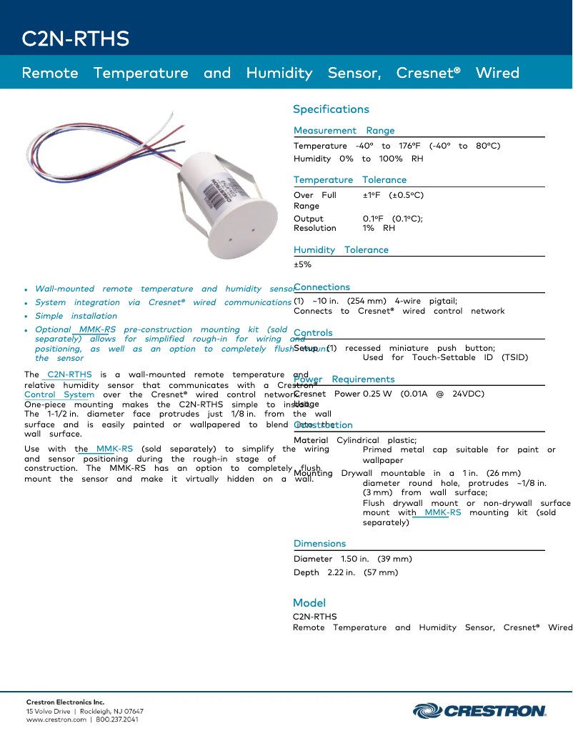 Page n°1 - Fiche technique Crestron C2N-RTHS