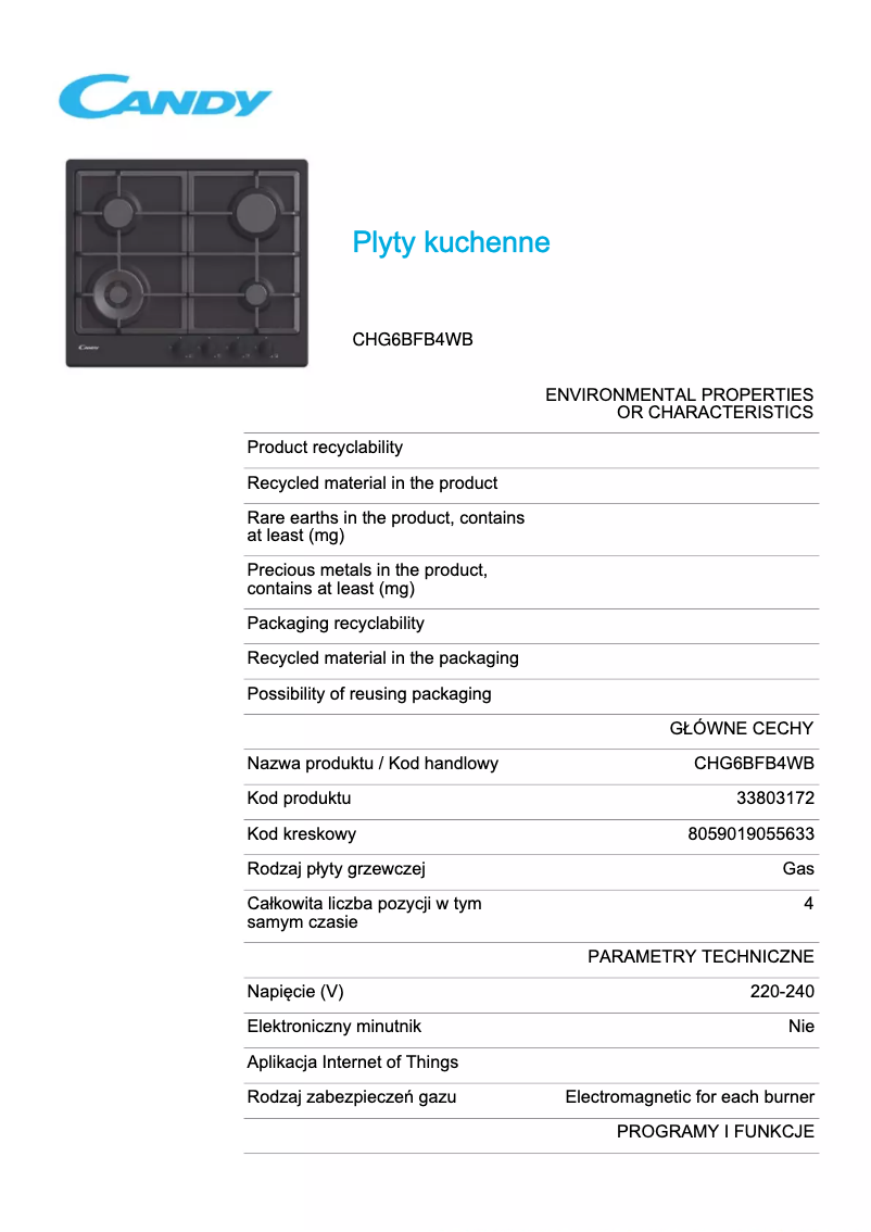 Page 1 de la notice Fiche technique Candy CHG6BFB4WB