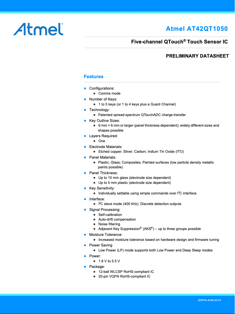Page 1 de la notice Fiche technique Microchip AT42QT1050