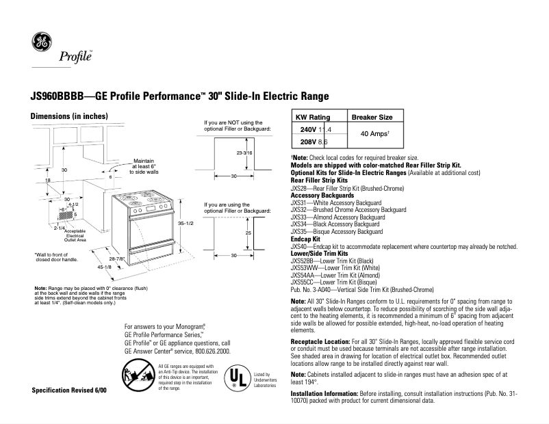 Page 1 of the manual Technical Sheet GE Profile Performance JS960BBBB