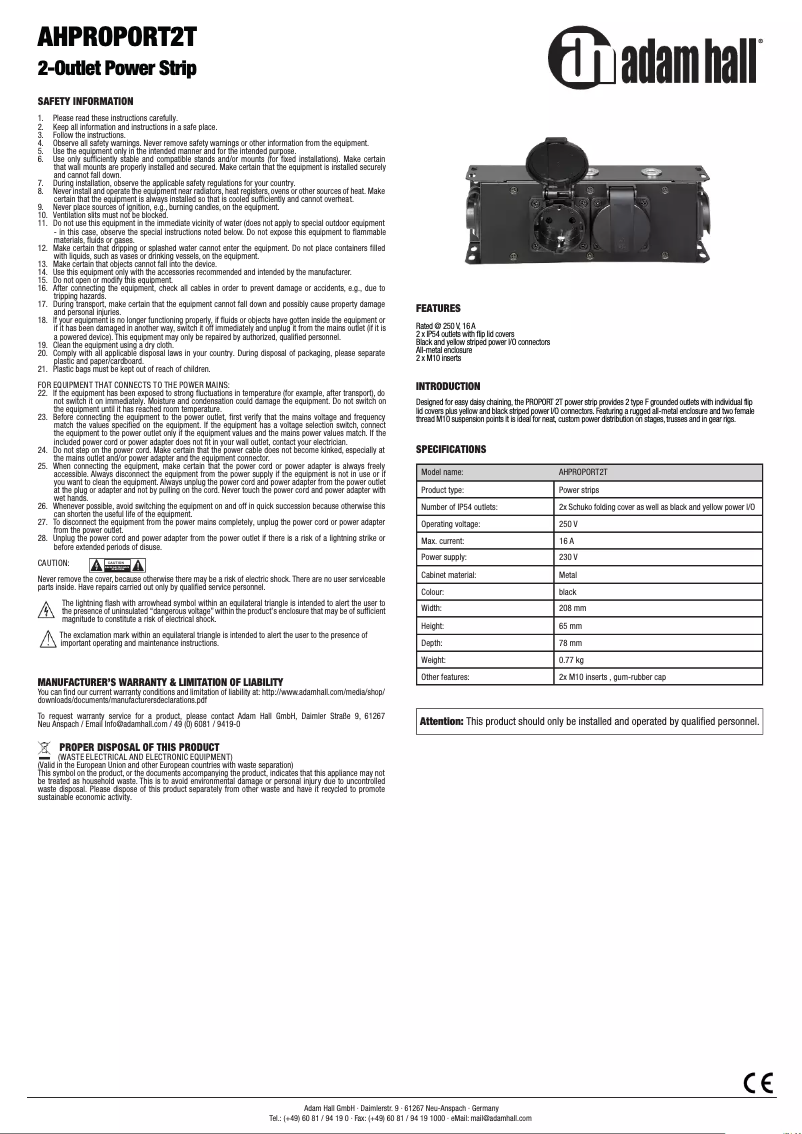 Page 1 de la notice Manuel utilisateur Adam Hall AHPROPORT2T