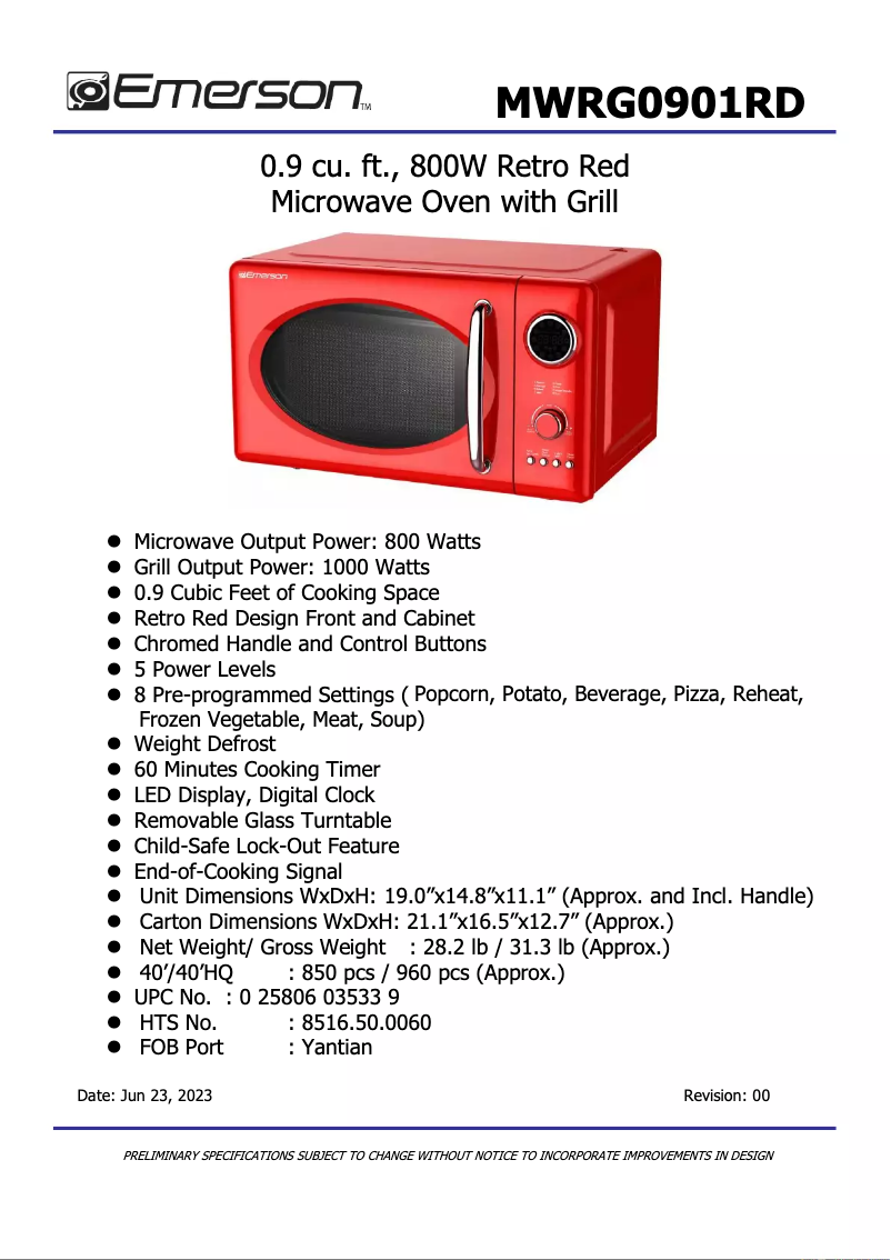 Page n°1 - Fiche technique Emerson MWRG0901BK