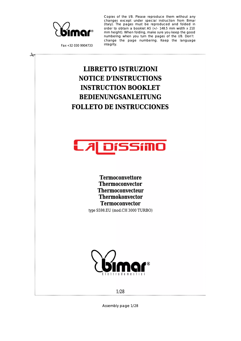Page 1 de la notice Manuel utilisateur Bimar S598.EU