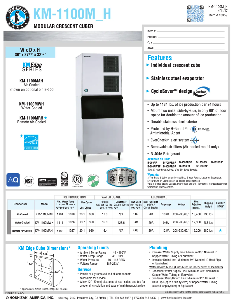Page 1 de la notice Fiche technique Hoshizaki KM-1100MWH