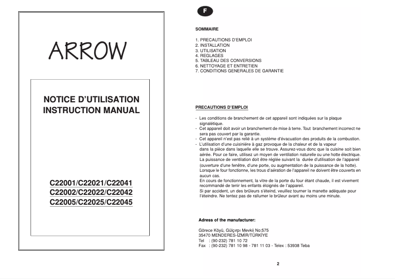 Page 1 de la notice Manuel utilisateur Arrow C22021