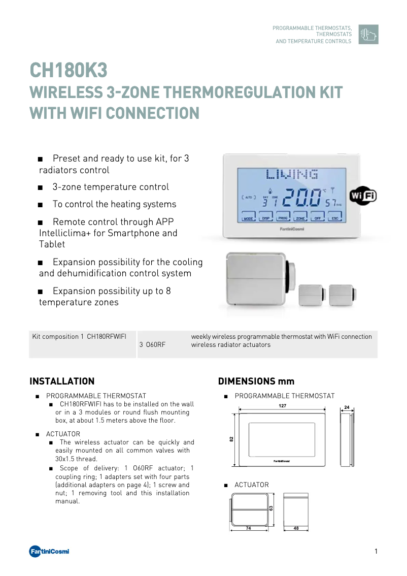 Page 1 de la notice Fiche technique Fantini Cosmi CH180K3
