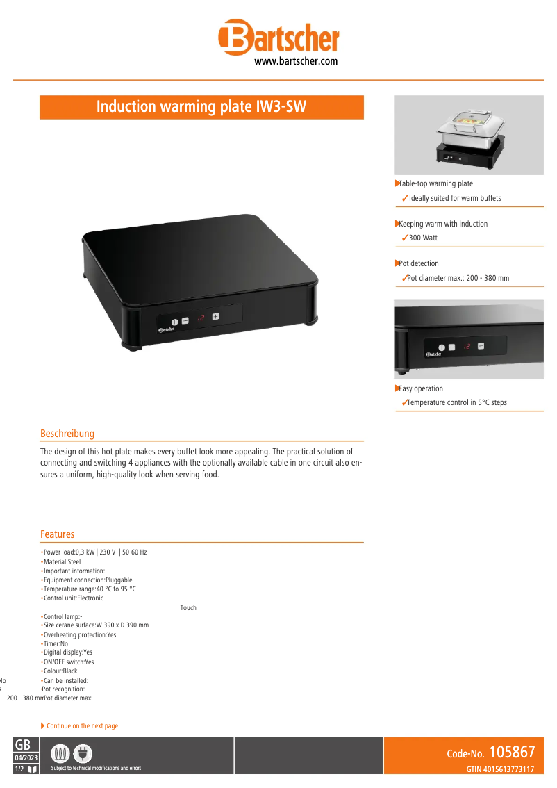 Page 1 de la notice Fiche technique Bartscher IW3-SW