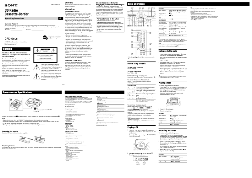 Page 1 de la notice Manuel utilisateur Sony CFD-G505