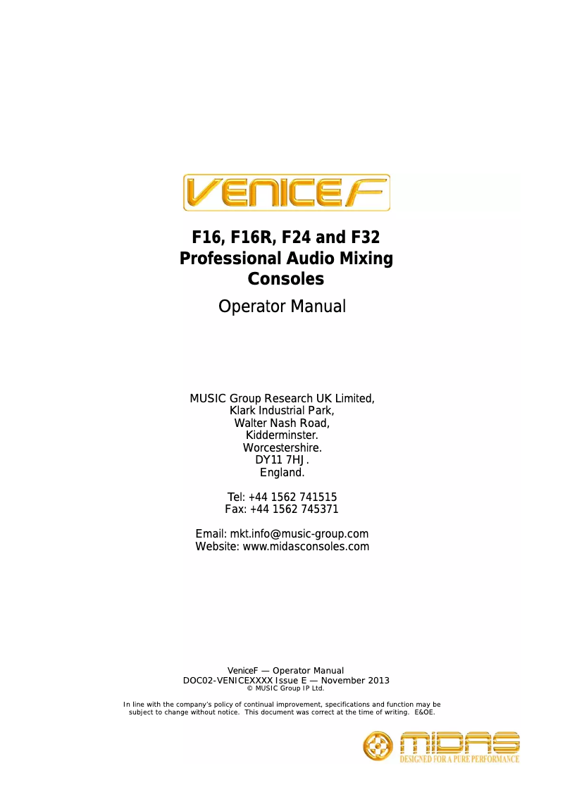 Page 1 of the manual User Manual Midas VeniceF F24