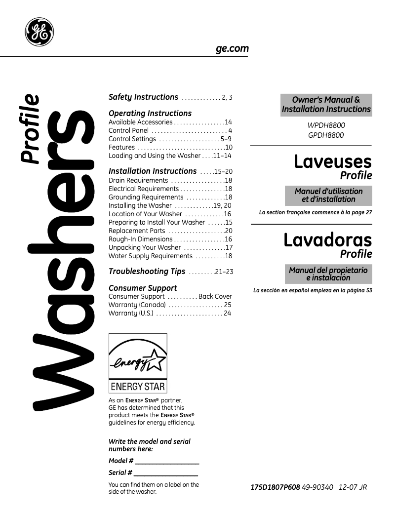 Page 1 de la notice Manuel utilisateur GE WPDH8800JMG