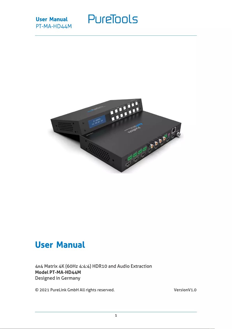 Page 1 de la notice Manuel utilisateur PureTools PT-MA-HD44M