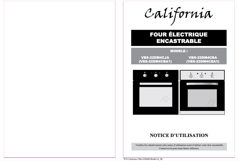 Page 1 de la notice Manuel utilisateur California VBS-22DM4CJA