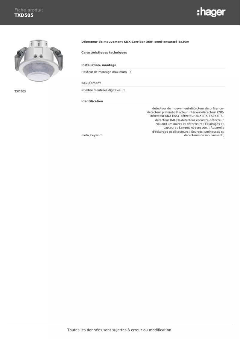 Page 1 de la notice Fiche technique Hager TXD505