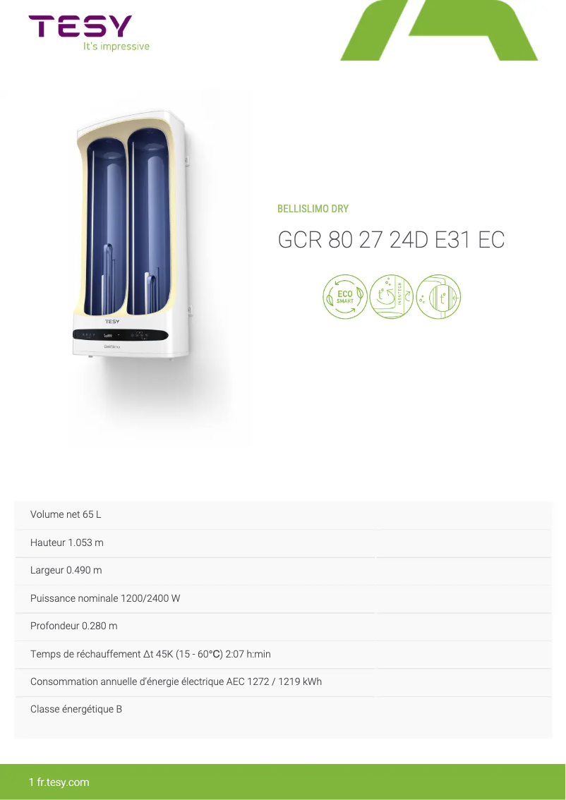 Page 1 de la notice Fiche technique Tesy BelliSlimo Dry 80