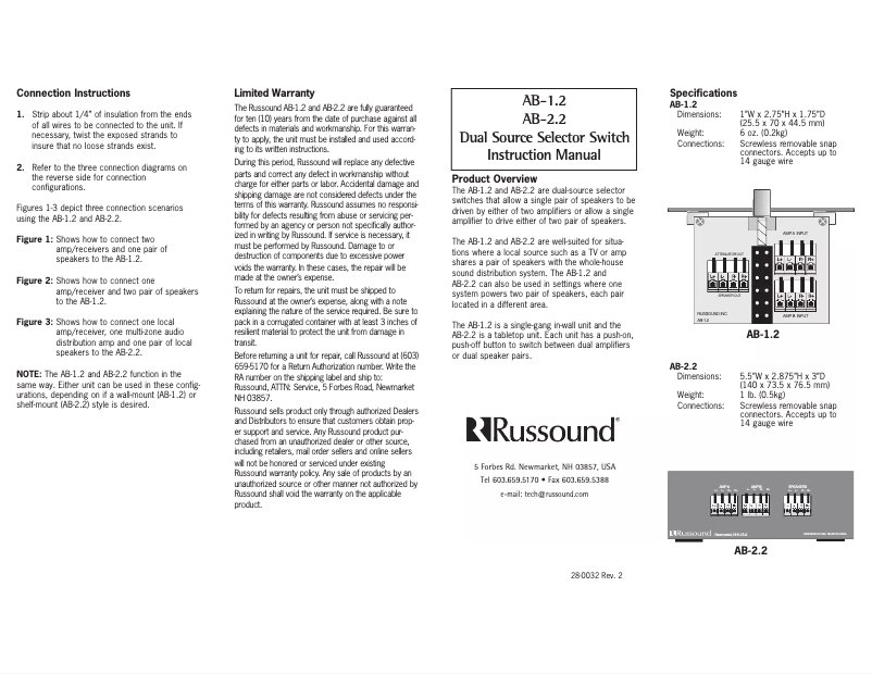 Page n°1 - Manuel utilisateur Russound AB-2.2
