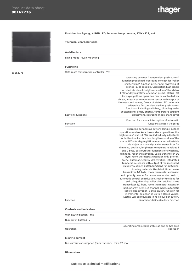 Page 1 de la notice Fiche technique Berker 80162776