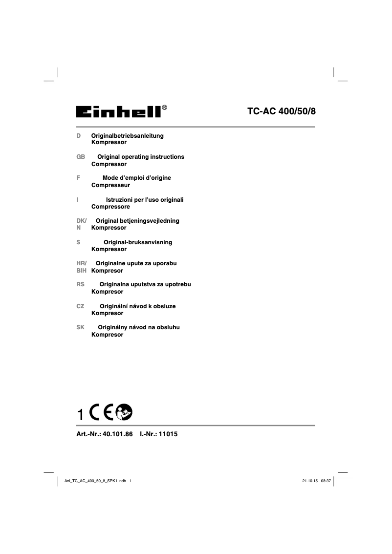Page 1 de la notice Manuel utilisateur Einhell TC-AC 400/50/8
