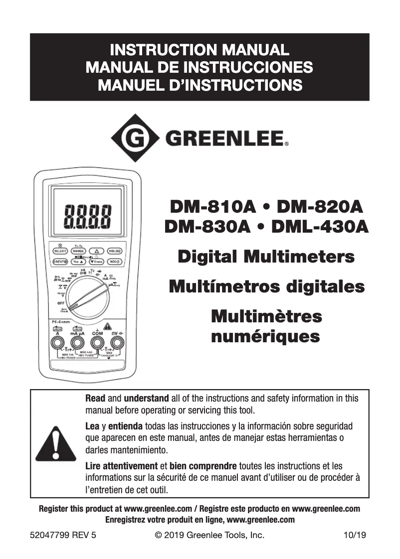 Page 1 de la notice Manuel utilisateur Greenlee DM-810A
