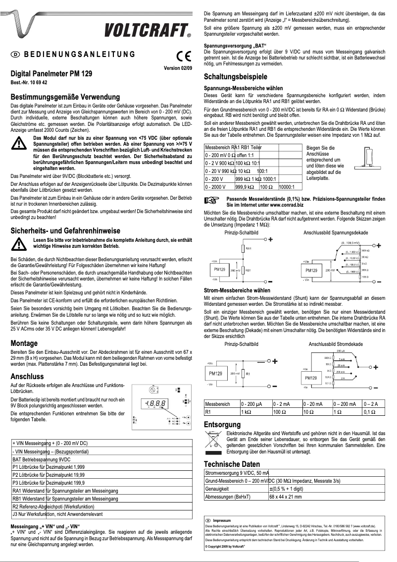 Page 1 de la notice Manuel utilisateur Voltcraft PM 129