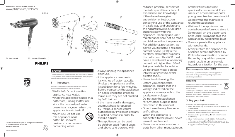 Page 1 de la notice Manuel utilisateur Philips DryCare Advanced BHP942