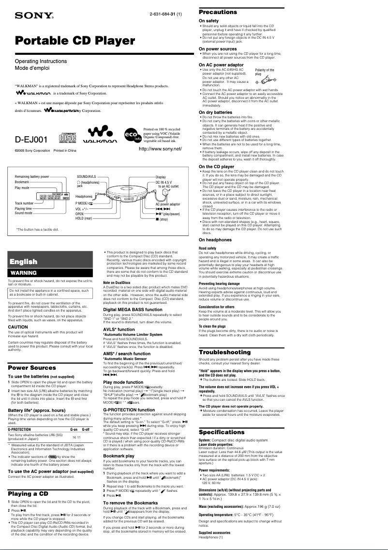 Page n°1 - Manuel utilisateur Sony D-EJ001