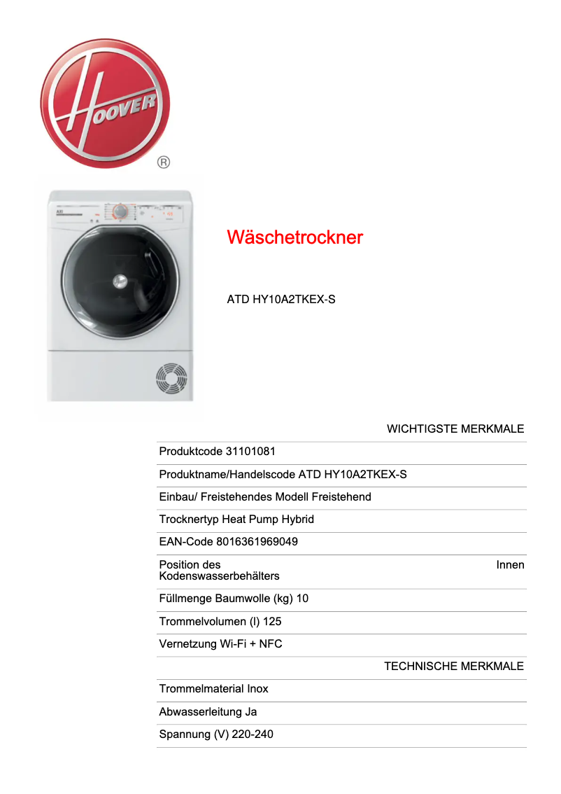 Page n°1 - Fiche technique Hoover ATD HY10A2TKEX-S