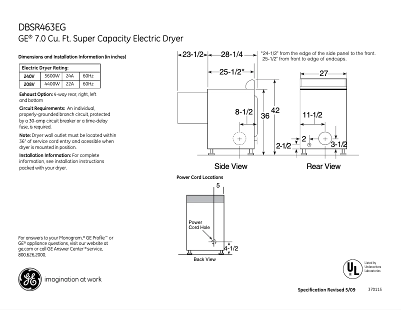 Page 1 of the manual Technical Sheet GE DBSR463EGWW