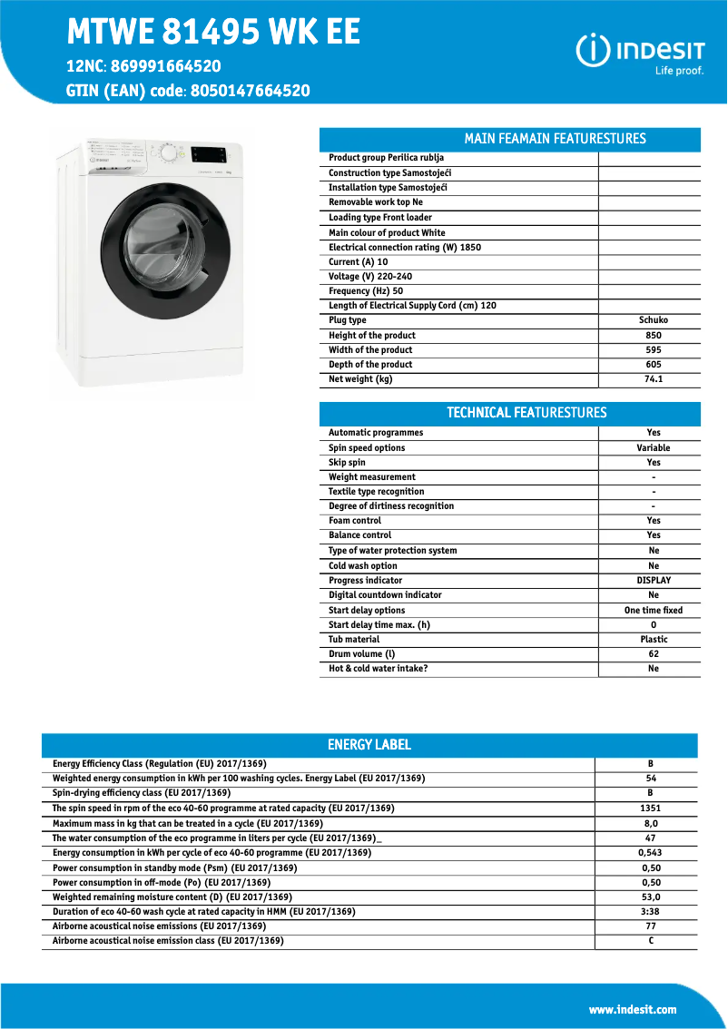 Page n°1 - Fiche technique Indesit MTWE 81495 WK EE