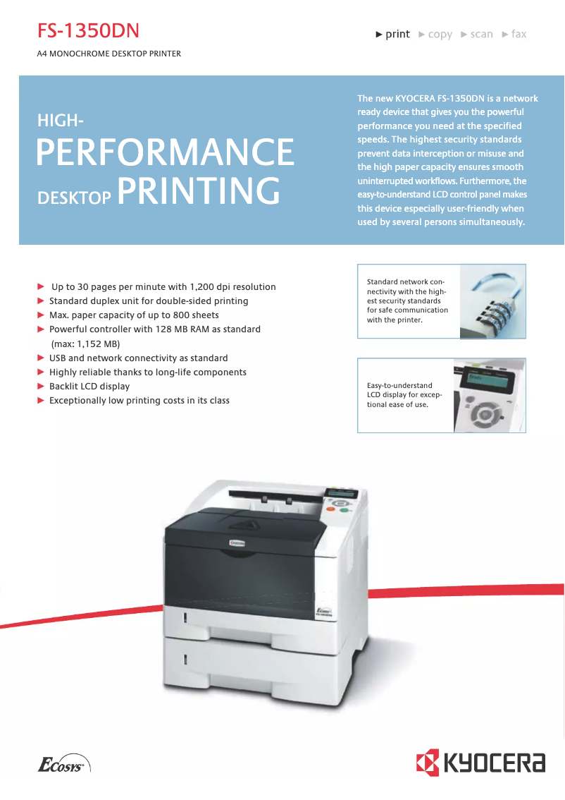 Page 1 de la notice Fiche technique Kyocera FS-1350DN