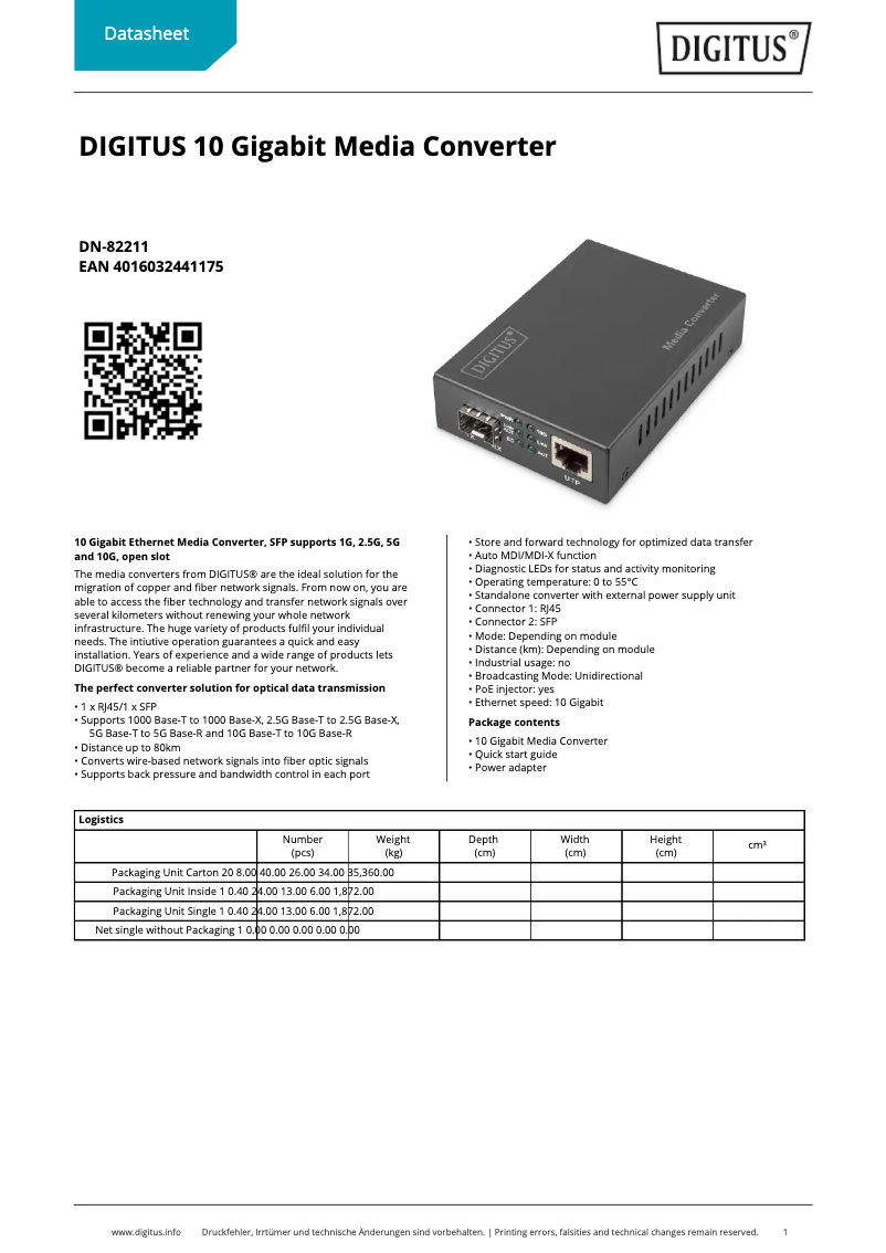 Page 1 de la notice Fiche technique Digitus DN-82211
