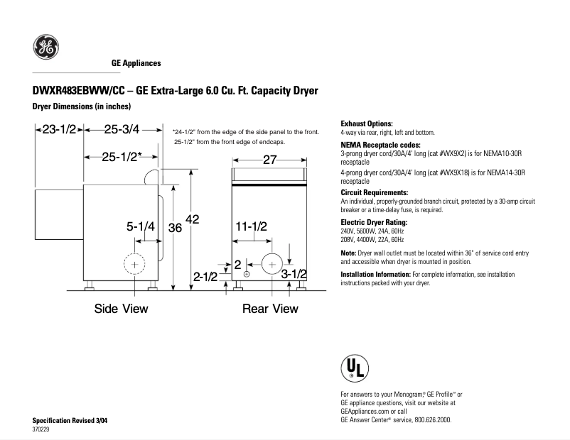 Page n°1 - Fiche technique GE DWXR483EBCC
