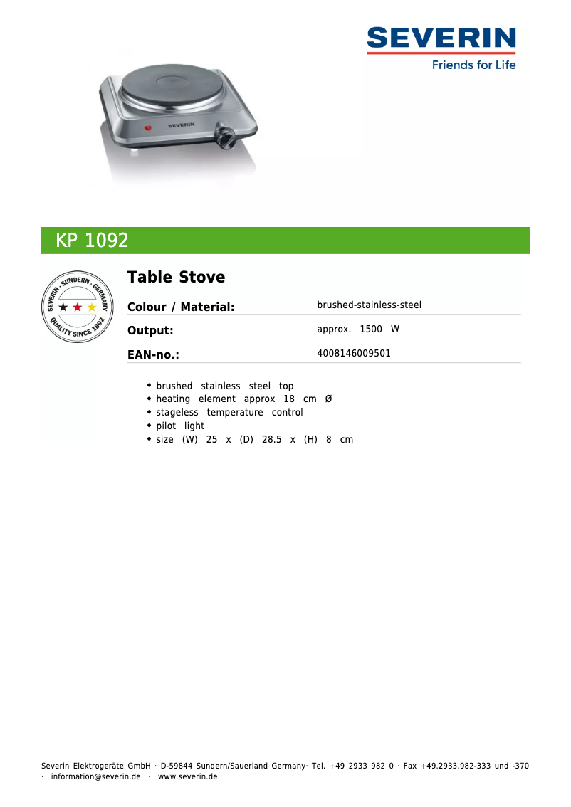 Page 1 de la notice Fiche technique Severin KP 1092